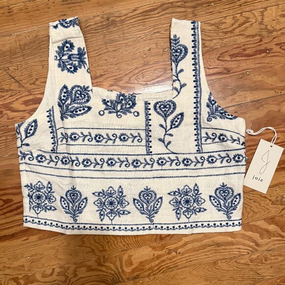 Joie Tops - Joie Embroidered Linen Crop Top – Blue White Floral Boho Sleeveless NWT Size Sm